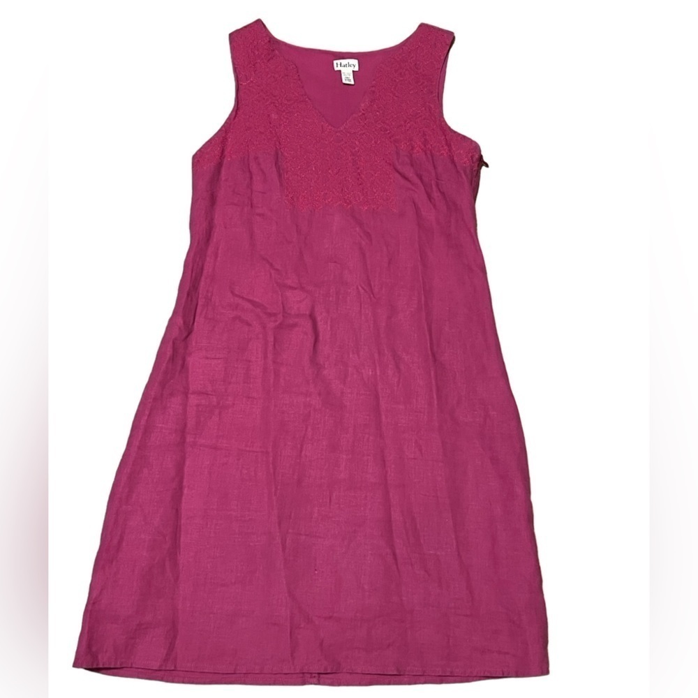 Hatley pink 100% linen sleeveless mini dress with embroidery around the collar